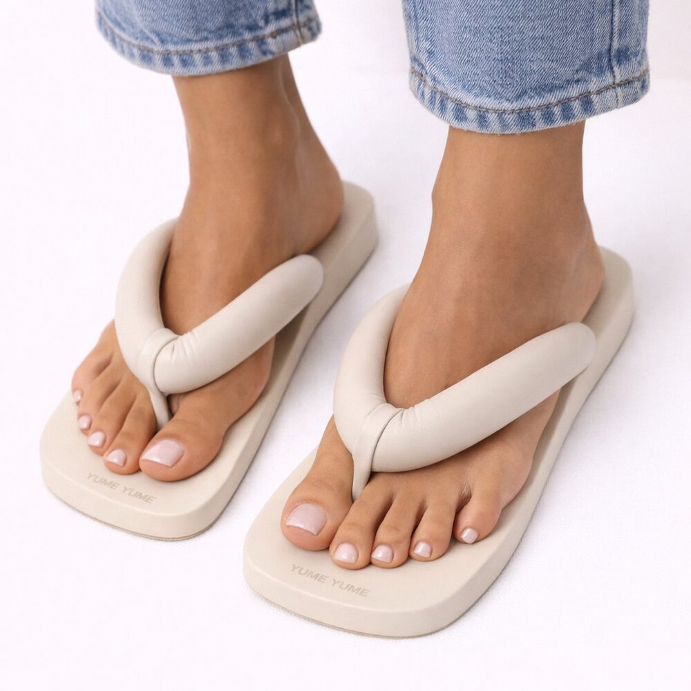 Plush Foam Strap Beige Flip Flops - Women